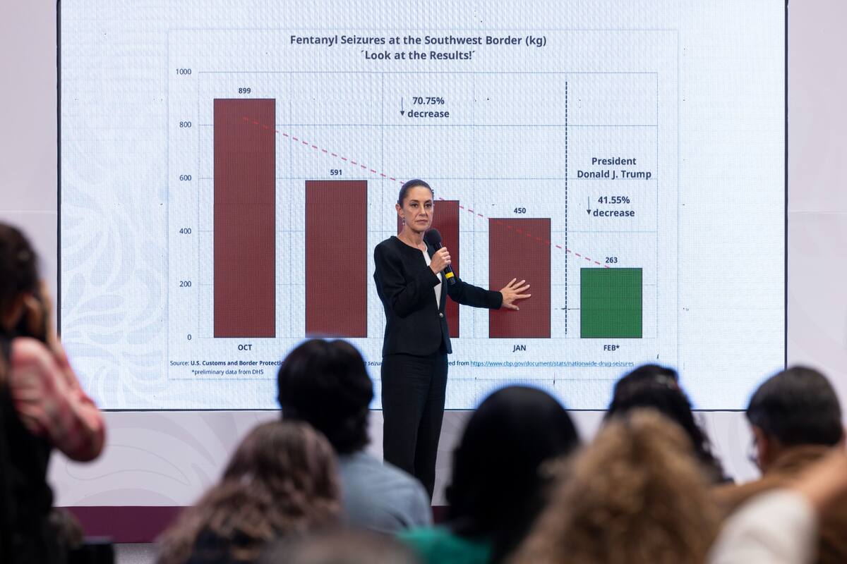 "Yo le presenté los resultados que hemos tenido en este mes, resultados con relación particularmente a la disminución del cruce de fentanilo hacia los Estados Unidos", dijo Claudia Sheinbaum. | Crédito: Presidencia