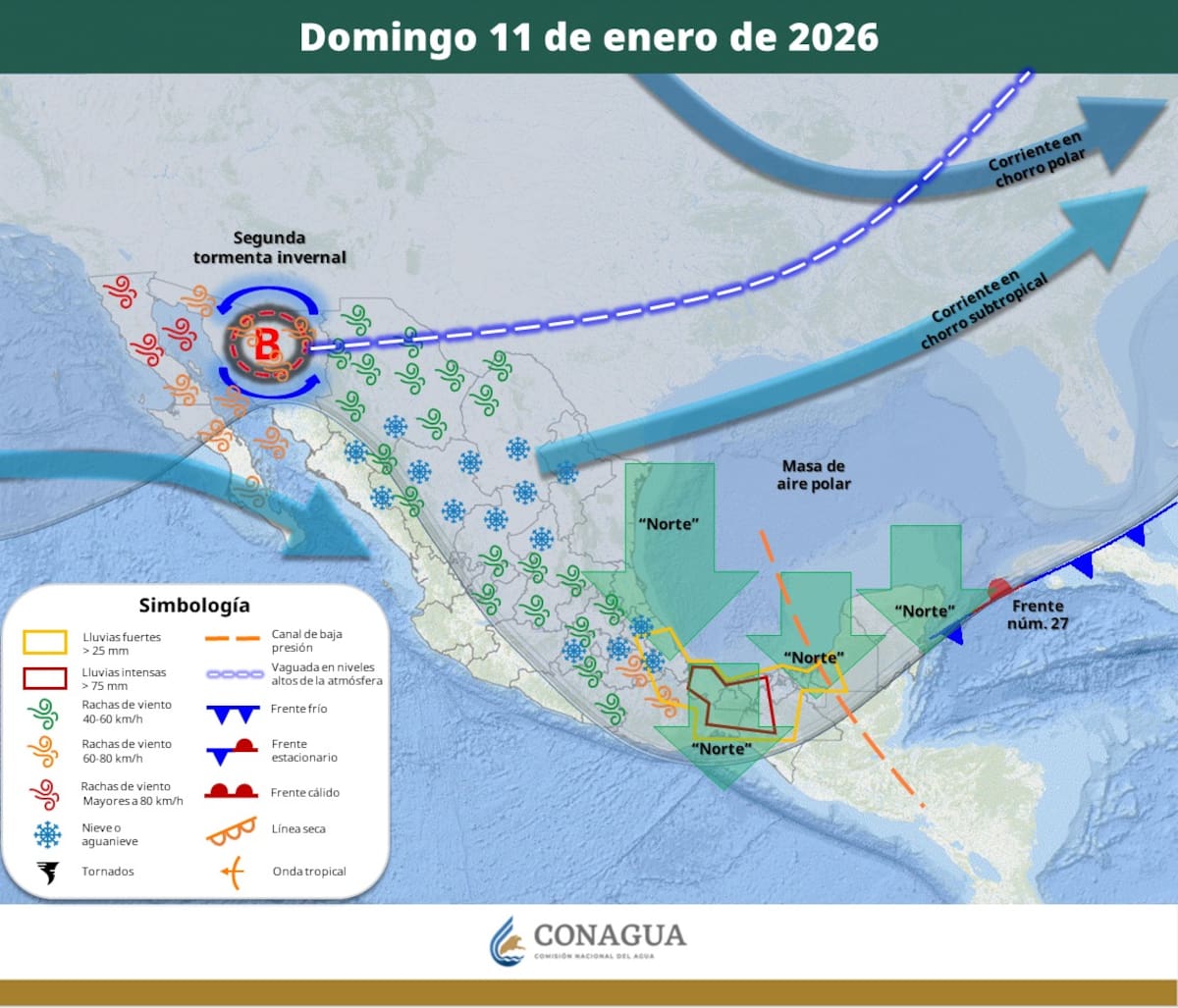 Pronóstico del clima para el domingo 11 de enero del 2026. | Crédito: SMN
