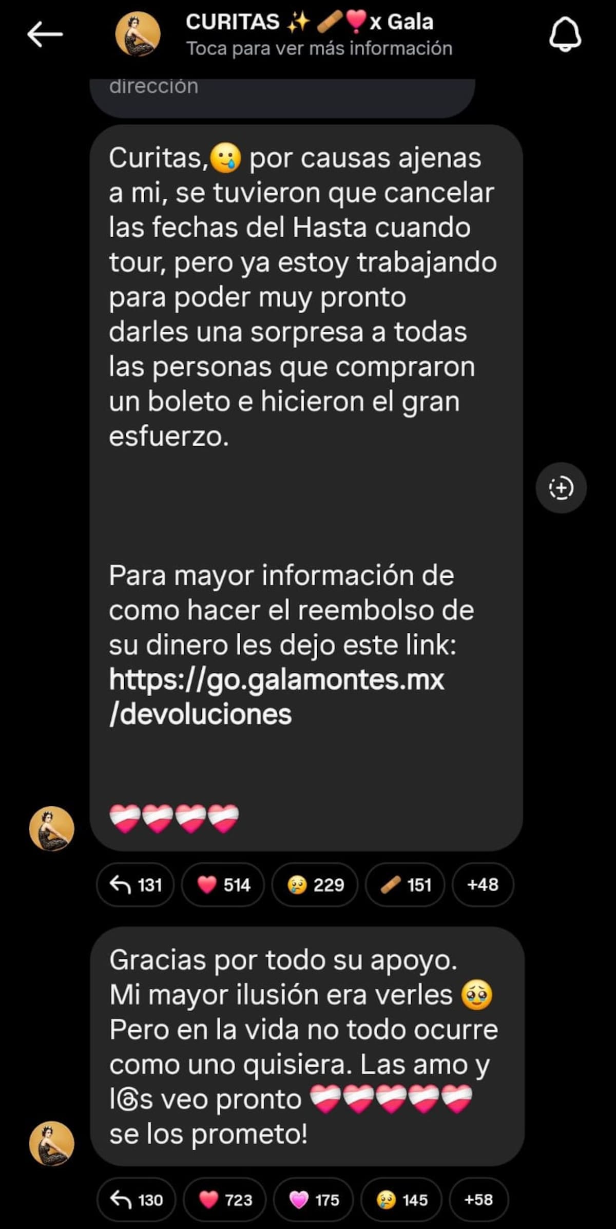 Gala Montes a través de su canal de difusión de Instagram