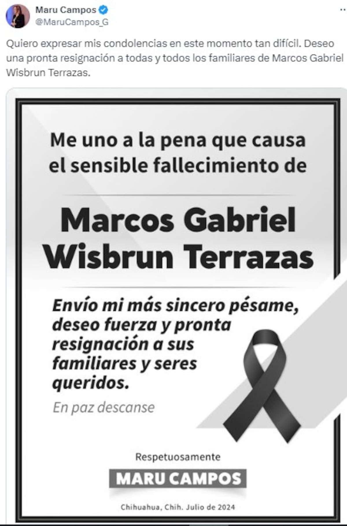 Maru Campos, gobernador de Chihuahua, expresó sus condolencias por la muerte de Marcos Gabriel Wisburn Terrazas, empresario dueño del cereal Chachitos.