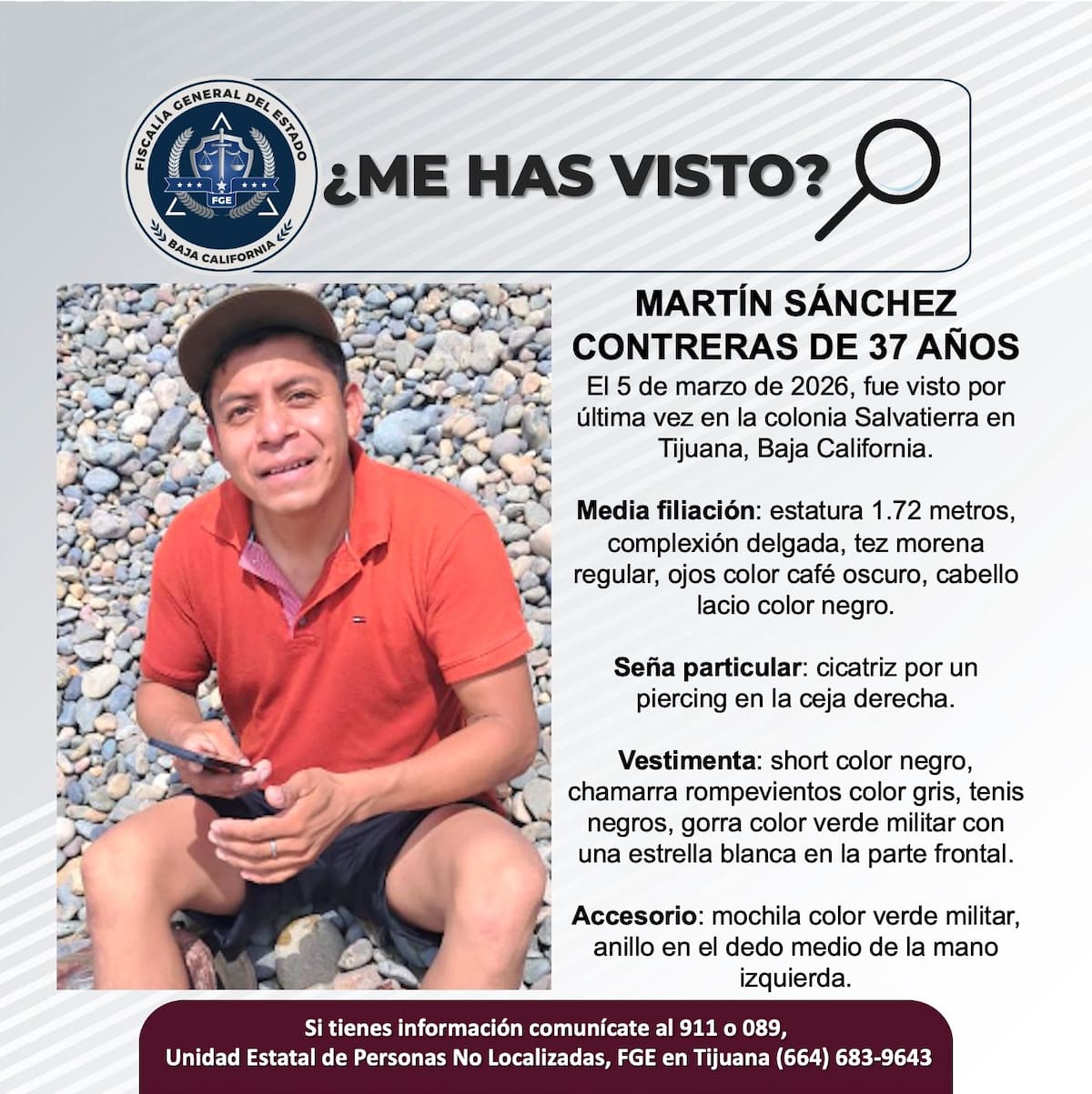 Fue visto por última vez el 5 de marzo de 2026.