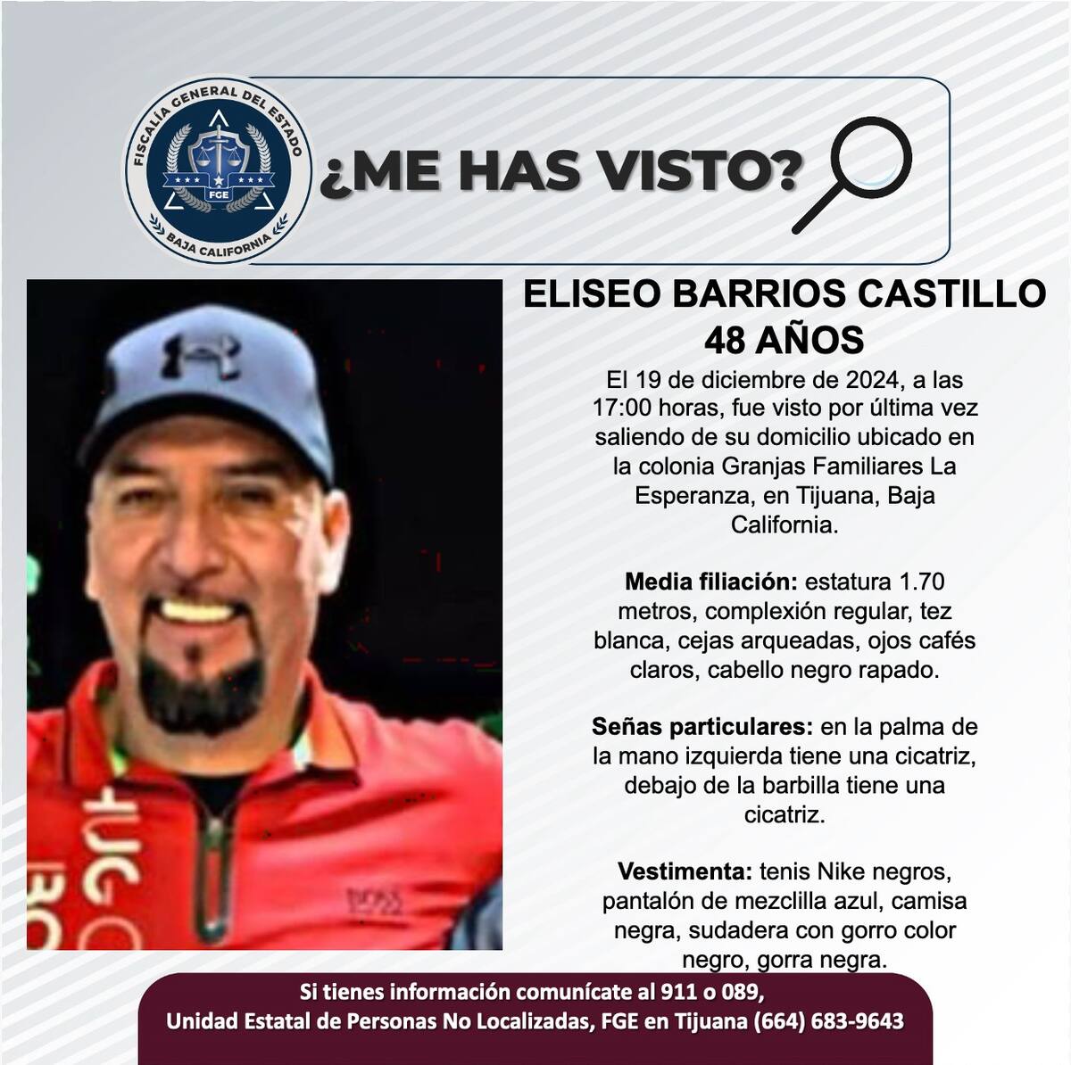 Eliseo Barrios Castillo fue visto por última vez el 19 de diciembre del 2024.