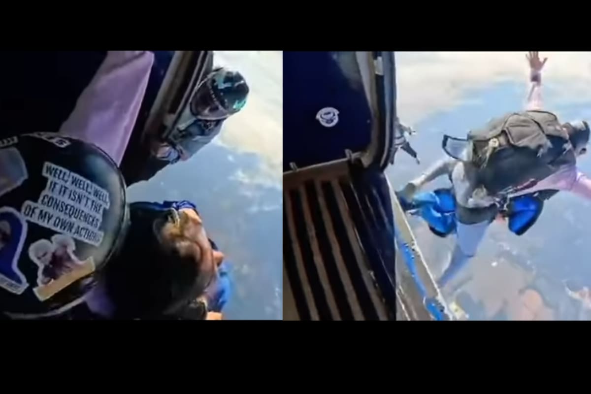 Mujer entra en pánico justo antes de lanzarse en paracaídas y se arrepiente, pero el instructor salta junto a ella de todos modos