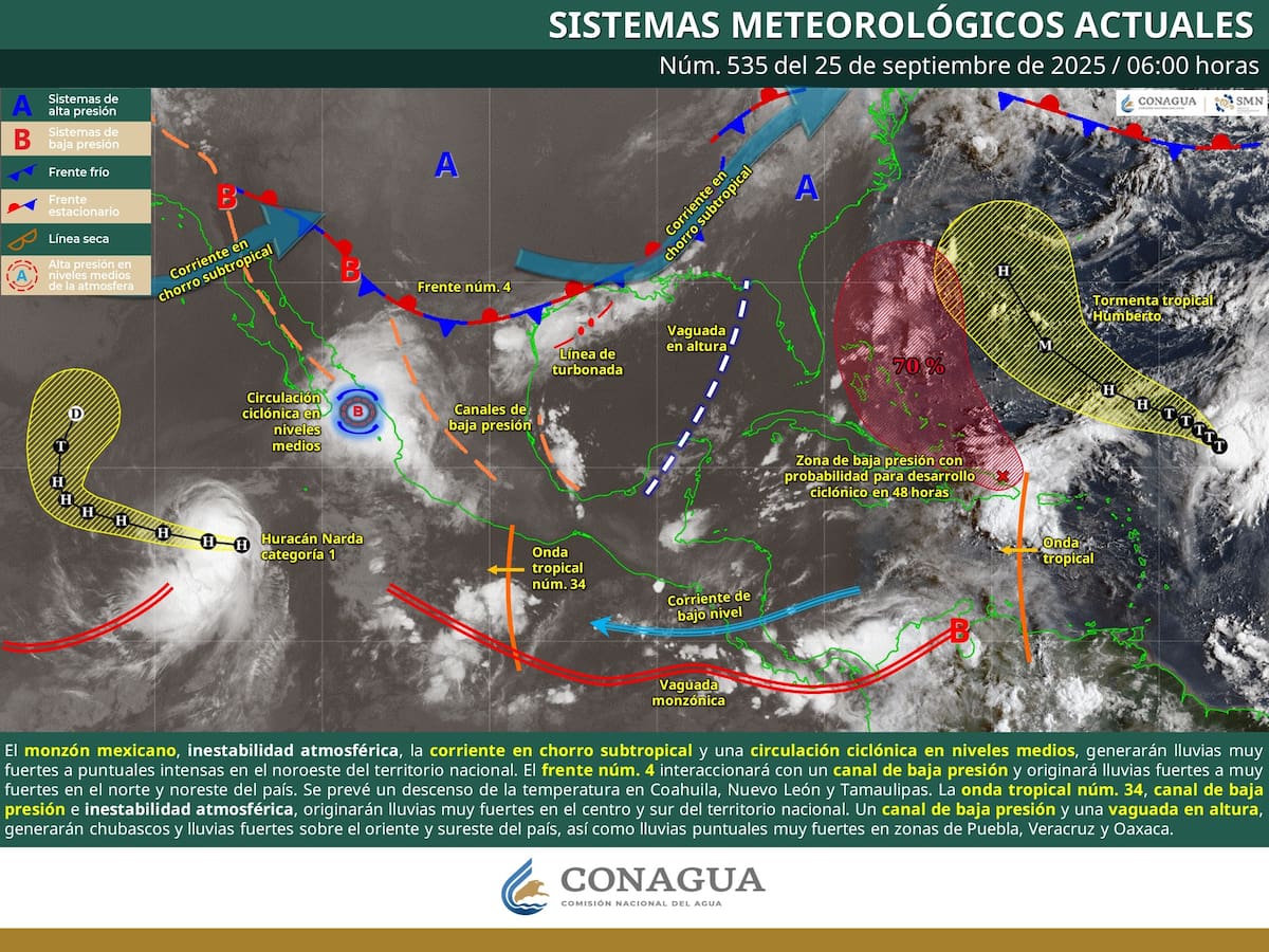 Clima en México hoy 25 de septiembre: lluvias y calor extremo. | Crédito: SMN