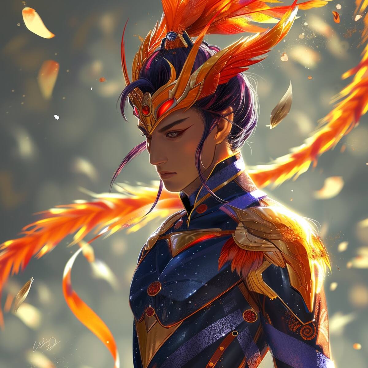 La Inteligencia Artificial imagina a Ikki rodeado de llamas, simbolizando su conexión con el Fénix en esta representación realista.