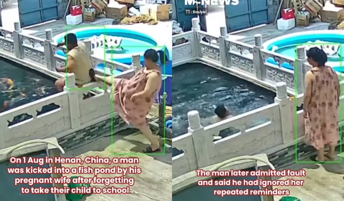 Mujer embarazada en China se vuelve viral por patear a su esposo y hacerlo caer al agua tras olvidar recoger a su hijo de la escuela