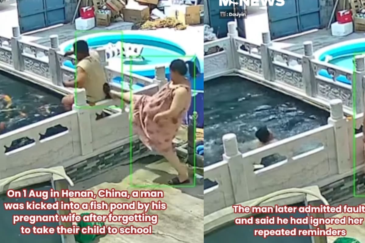 Mujer embarazada en China se vuelve viral por patear a su esposo y hacerlo caer al agua tras olvidar recoger a su hijo de la escuela