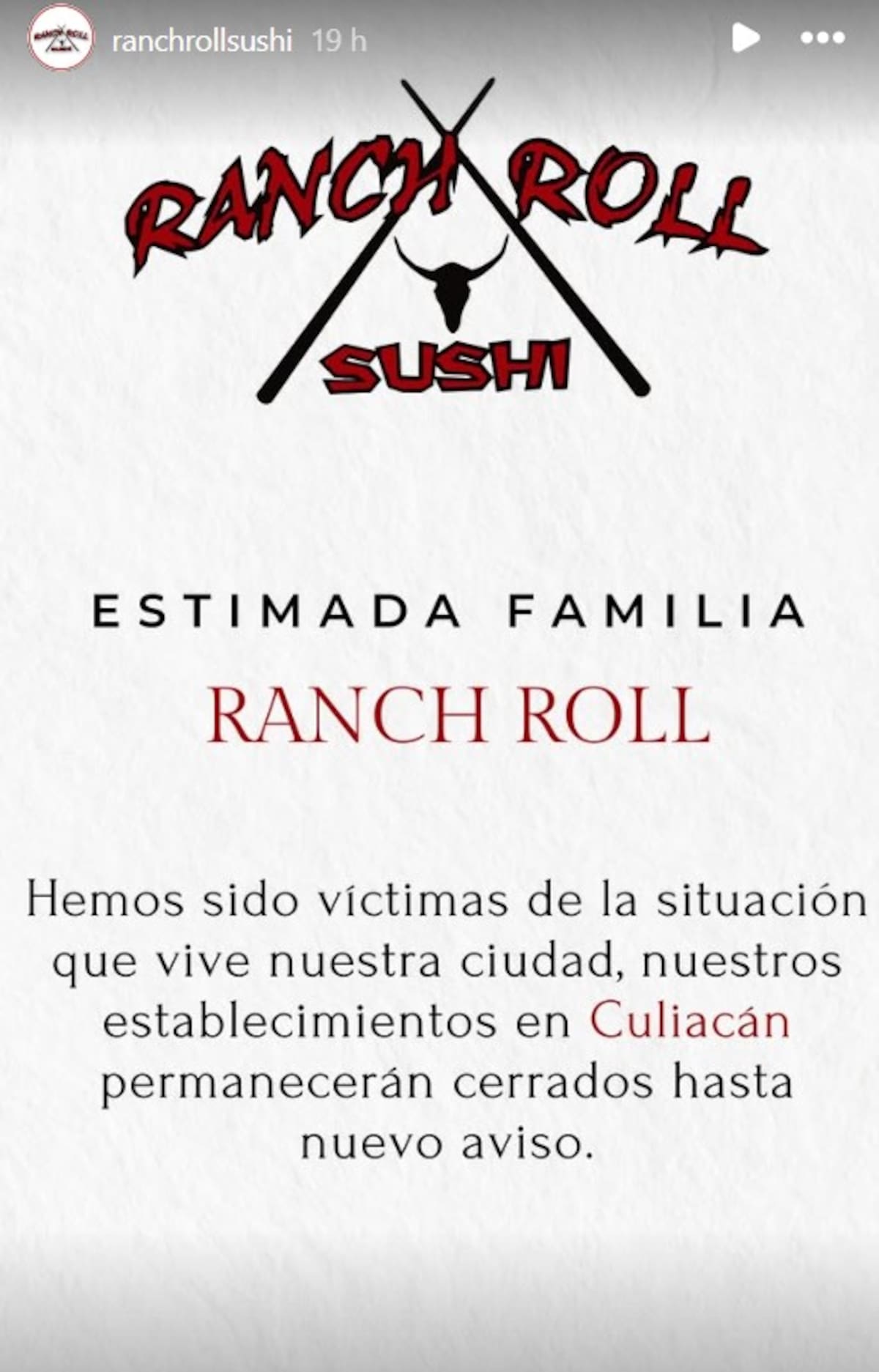 Mensaje publicado por Ranch Roll en sus historias de Instagram.