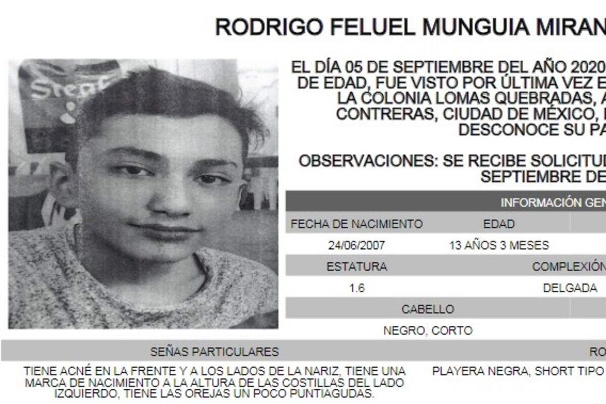 Alerta Amber: Se busca al joven Rodrigo Feluel Munguía Miranda, de 13 años de edad, quien desapareció desde el pasado 5 de septiembre en la CDMX