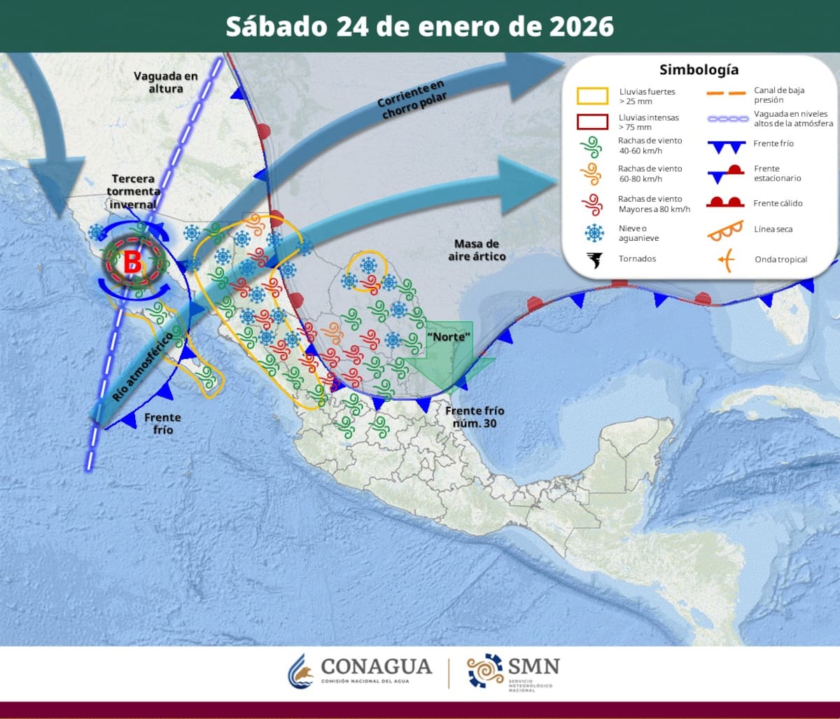 Pronóstico del clima para el sábado 24 de enero del 2026. | Crédito: SMN
