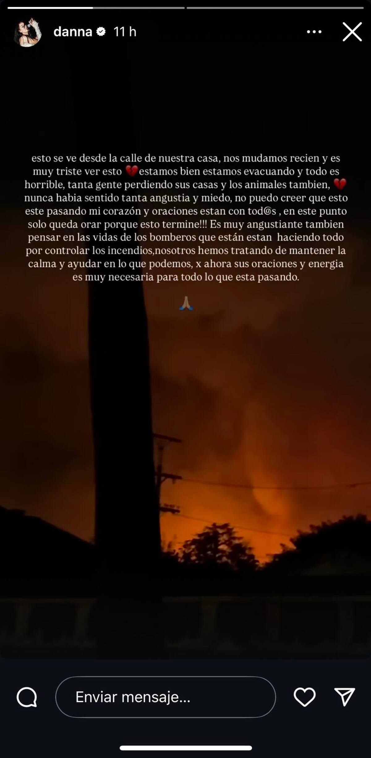Evacuan de emergencia a Danna tras incendios forestales | Captura de pantalla Instagram