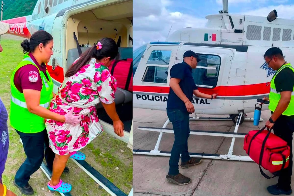 Helicóptero de la Policía rescata a mujer en Aquinavo, Sonora, tras quedar comunidad incomunicada por crecientes de ríos