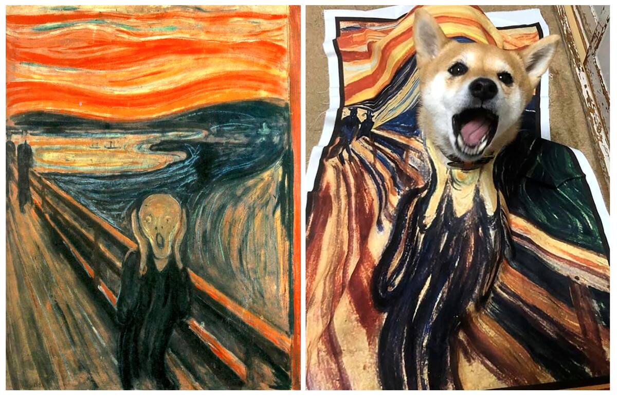 Combinación de fotos de la reproducción sin fecha de la pintura “El Grito” de Edvard Munch y la recreación de Natalia Rubina para la página de Facebook Izoizolyacia, tomada el miércoles 8 de abril de 2020 en Moscú, Rusia. (Natalia Rubina vía AP)
