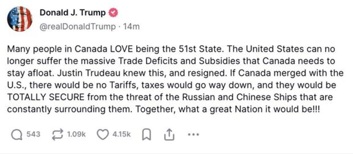 Trump se pronuncia sobre la renuncia de Trudeau: "Una gran nación juntos, sin aranceles". Foto: Captura de Pantalla / @realDonaldTrump en Truth Social