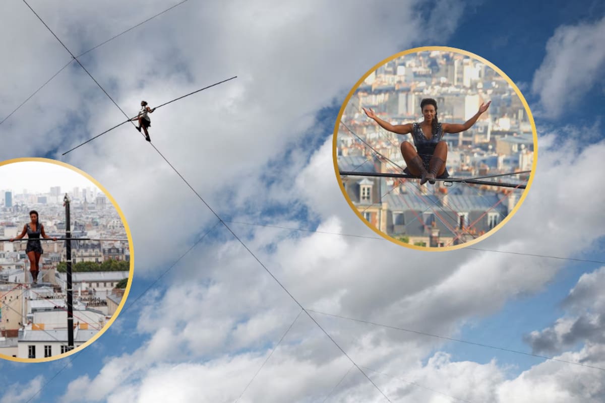 Una equilibrista atravesó 400 metros sobre un cable tendido a 80 metros del suelo sin arnés de seguridad entre dos antiguas colinas mineras de Francia, en una actuación que convirtió el paisaje industrial en escenario artístico ante más de 9 mil personas