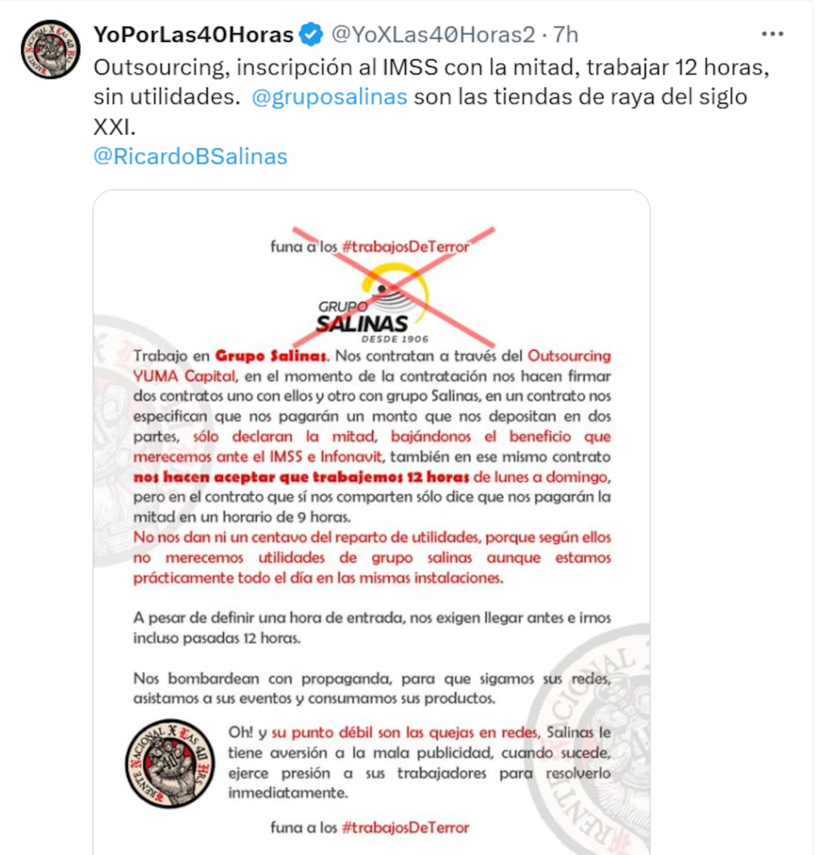 Captura de la denuncia contra Grupo Salinas, conglomerado del empresario Ricardo Salinas Pliego, por prácticas hacia sus trabajadores; la cuenta Yo Por las 40 Horas hizo pública la denuncia.