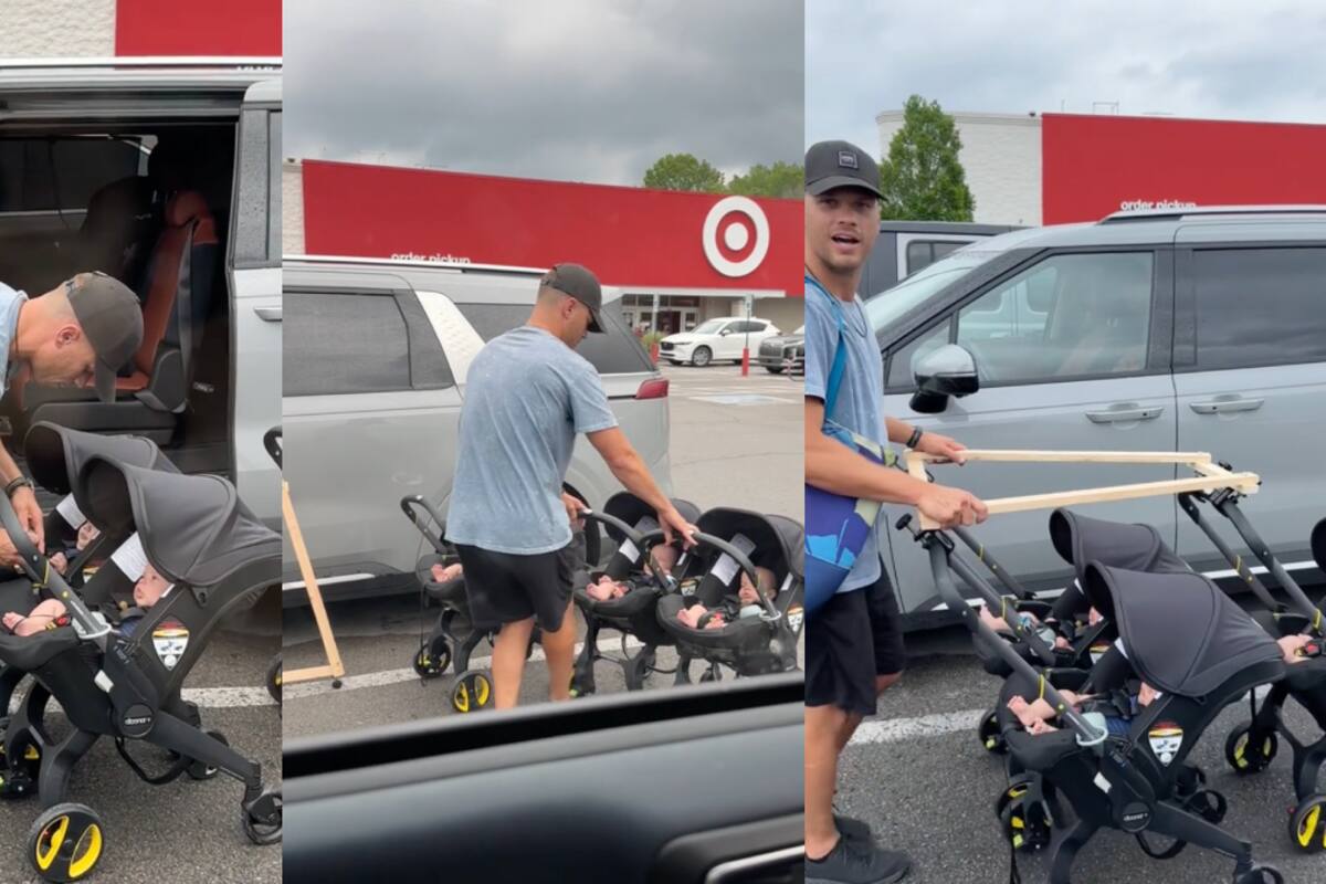 VÍDEO: padre se viraliza por su ingeniosa técnica para trasladar a sus trillizos en tres carriolas diferentes