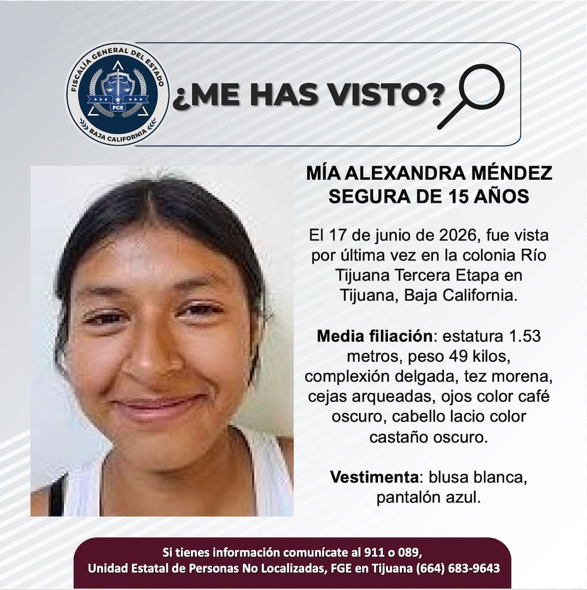 Se busca Mía Alexandra Méndez Segura de 15 años de edad.