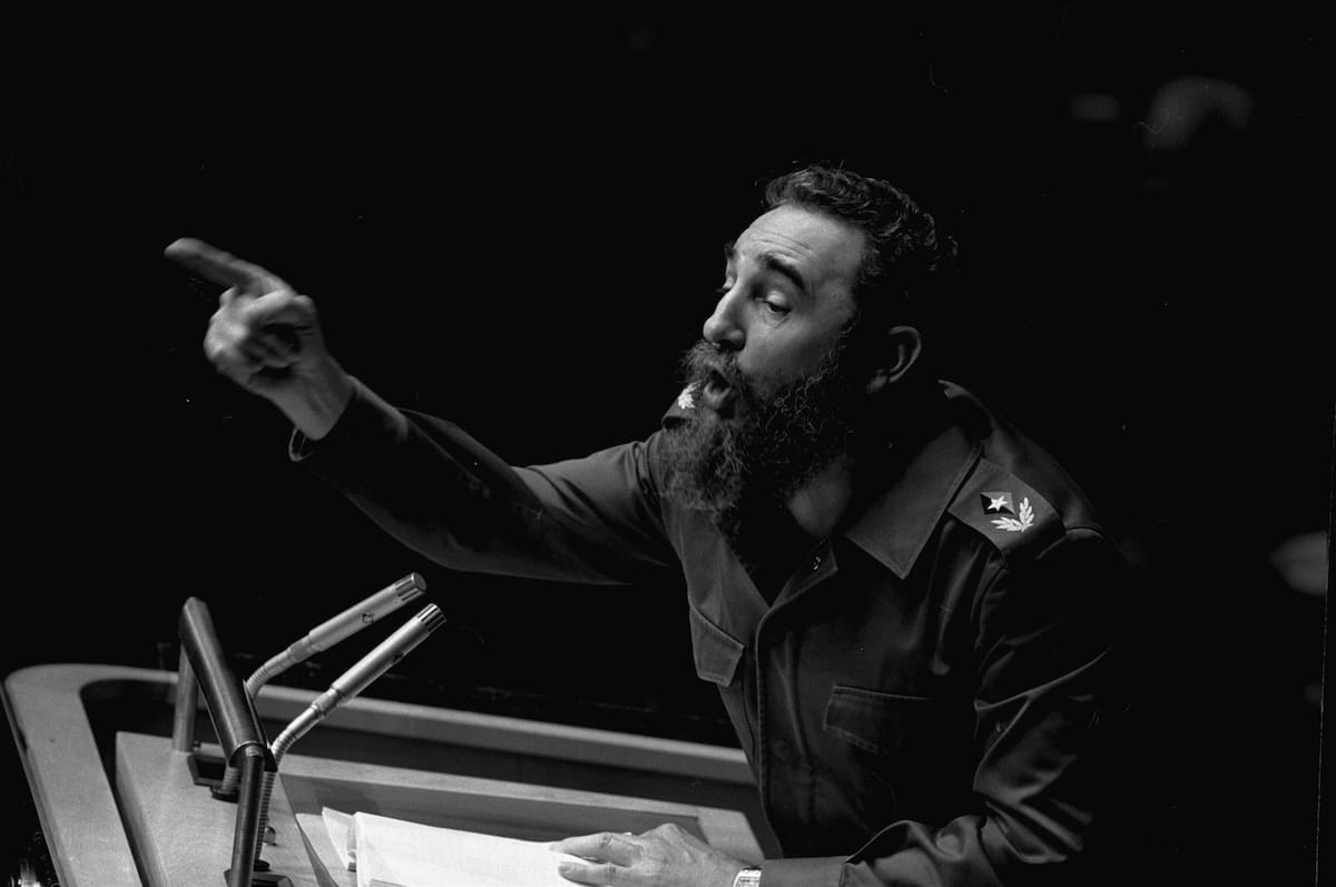 FILE - In this Oct. 12, 1979 file photo, Cuban President, Fidel Castro, points during his lengthy speech before the United Nations General Assembly, in New York. Cuban President Raul Castro has announced the death of his brother Fidel Castro at age 90 on Cuban state media on Friday, Nov. 25, 2016. (AP Photo/Marty Lederhandler, File)