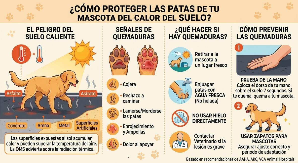 Revisar las almohadillas y patas de las mascotas después de caminar sobre superficies calientes permite detectar a tiempo enrojecimiento, ampollas, lesiones o cambios en la piel. Foto: Generada con inteligencia artificial