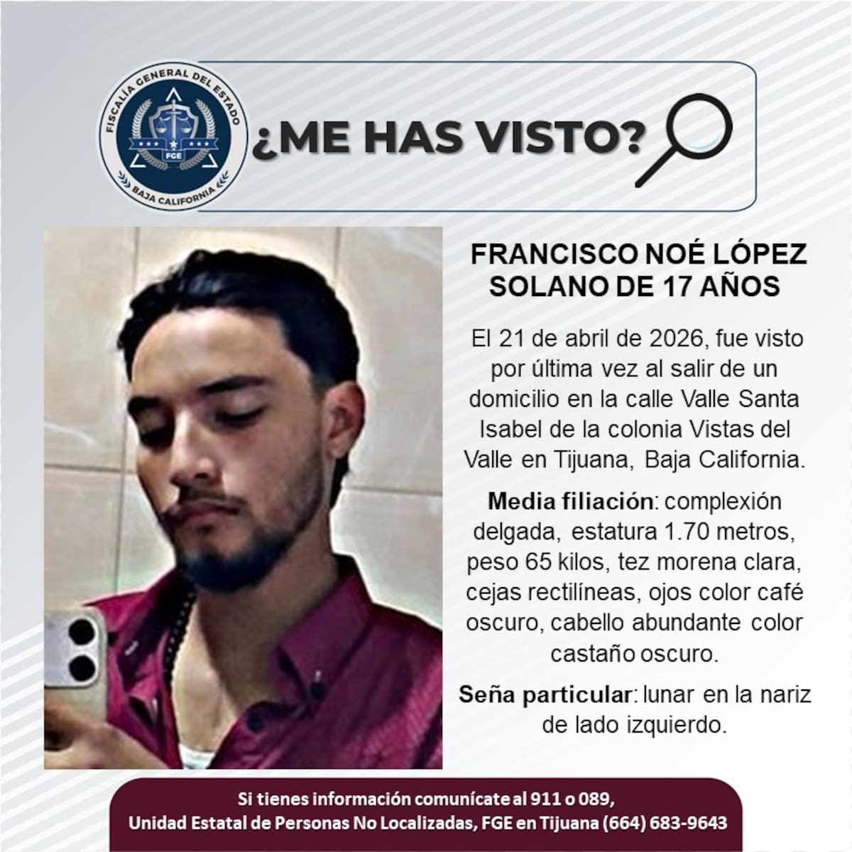 Fue visto por última vez el 21 de abril de 2026.