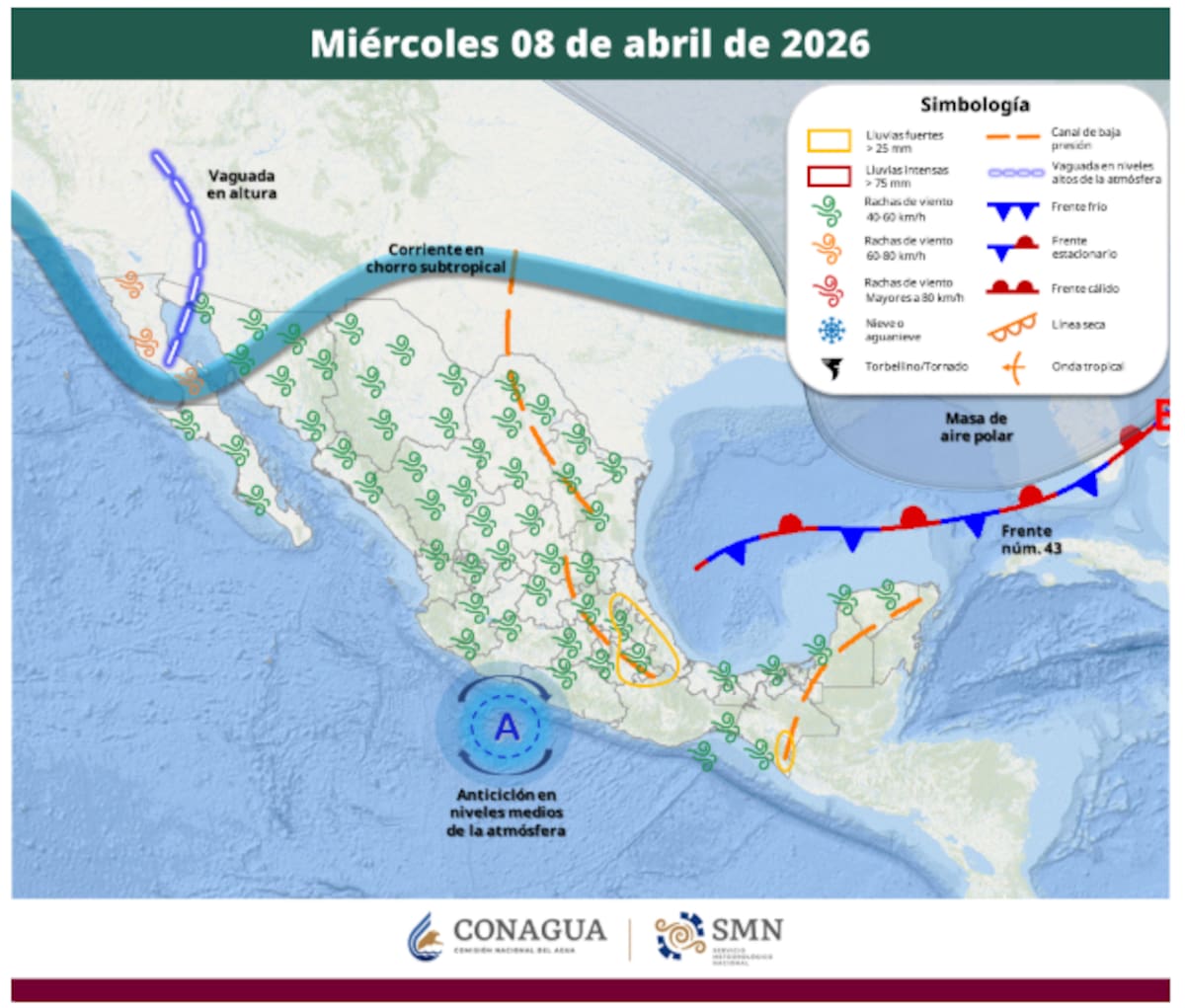 Pronóstico del clima para el miércoles 8 de abril del 2026. | Crédito: SMN