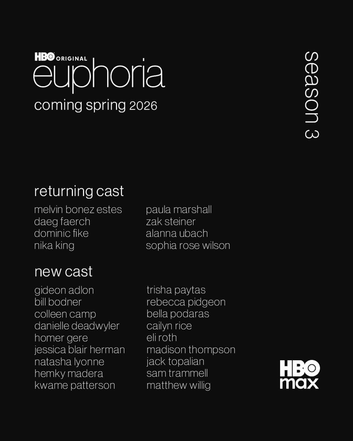 HBO Max confirma nuevo elenco para la temporada 3 | Instagram @euphoria