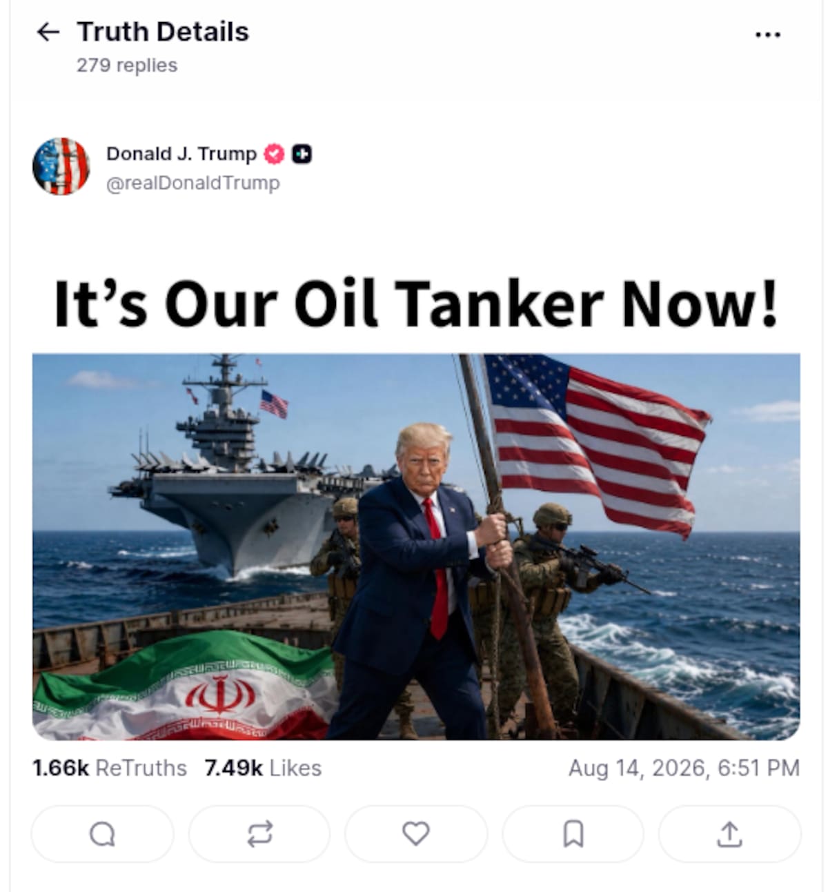 “Ahora es nuestro petrolero”: Trump comparte una imagen creada con IA en medio de la disputa con Irán por el estrecho de Ormuz