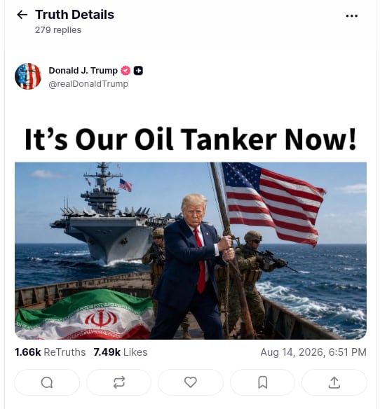 “Ahora es nuestro petrolero”: Trump comparte una imagen creada con IA en medio de la disputa con Irán por el estrecho de Ormuz
