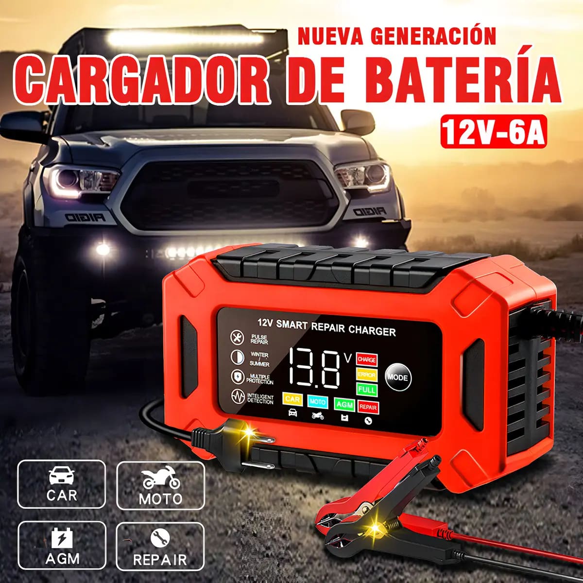 El cargador inteligente de batería tiene algunas ventajas, como ser útil para automóviles, motocicletas y vehículos recreativos, entre otros. | Foto: Mercado Libre
