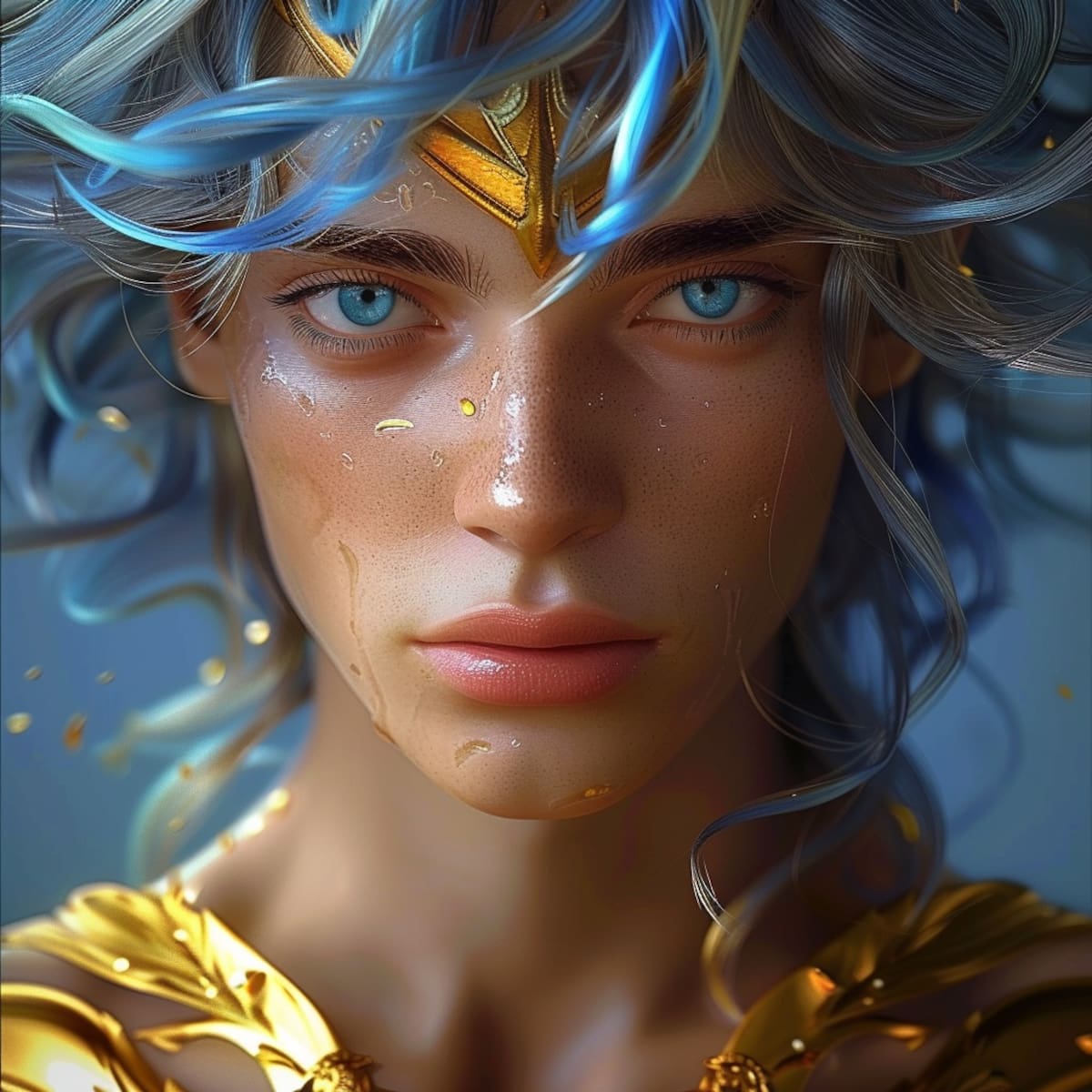 Descubre la visión única de Midjourney sobre Afrodita de Piscis: un guerrero celestial con un impresionante cabello azul y músculos definidos.