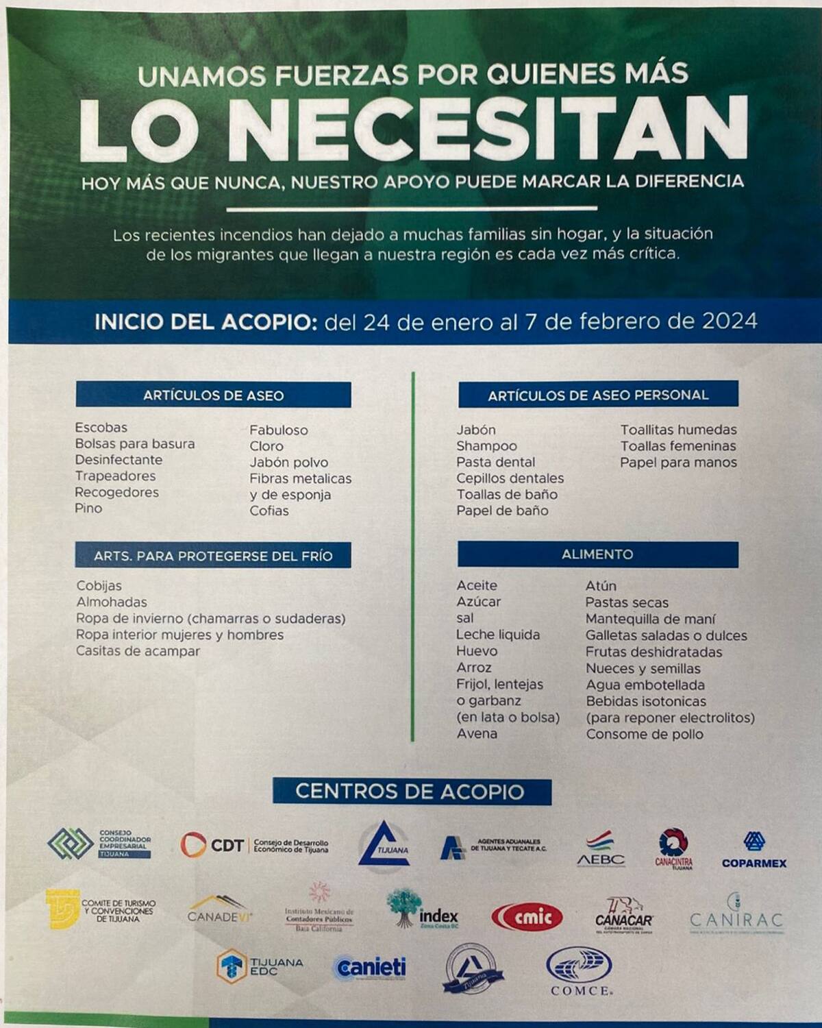 La recepción de donativos arrancará a partir de este viernes 24 de enero y finalizará el próximo 7 de febrero.