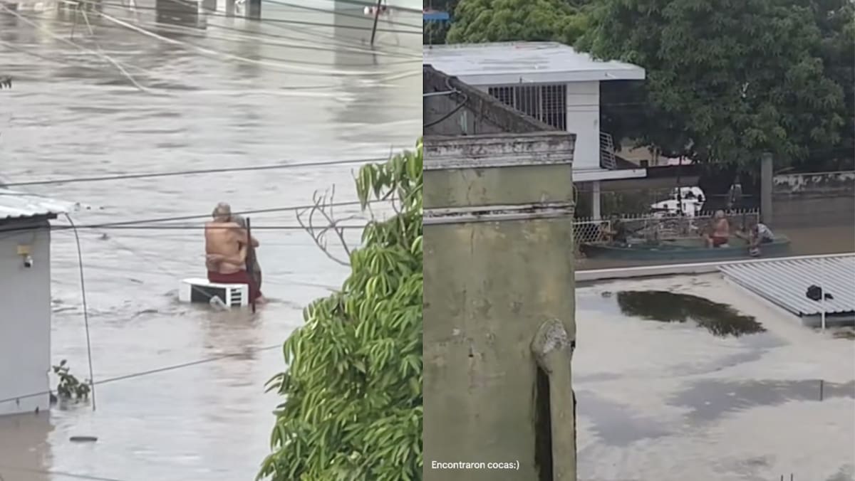 Abuelitos son rescatados tras quedar atrapados por inundaciones en Poza Rica, Veracruz. Foto: Heraldo de México