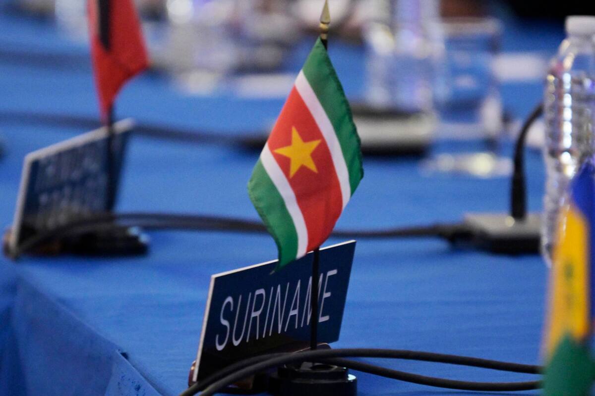 Fotografía de la bandera de Surinam desplegada durante una sesión extraordinaria de la Asamblea General de la Organización de los Estados Americanos (OEA) este lunes, en la sede del organismo en Washington (Estados Unidos).