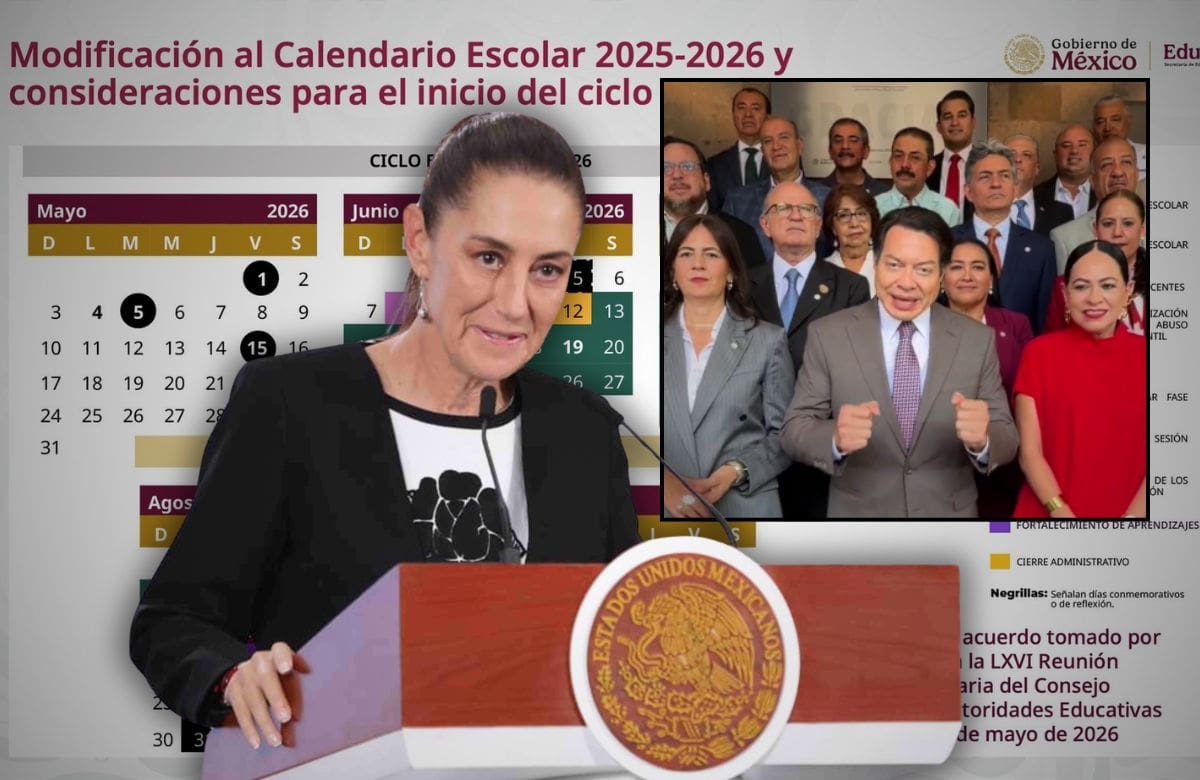 Sheinbaum aseguró que la propuesta surgió de las secretarías estatales de Educación y afirmó que “no es decisión de Mario”, mientras la SEP plantea terminar clases el 5 de junio. | Foto: Mario Delgado/Captura de pantalla/El Universal.
