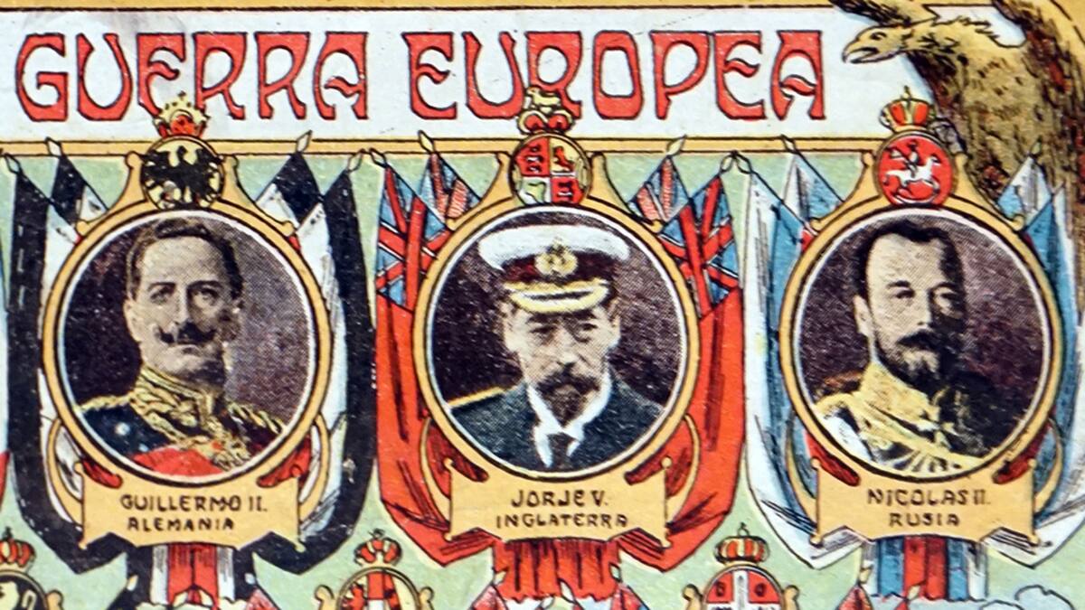 First World War rulers of European nations depicted on a Spanish postcard. Top Row Left to Right: President Poincare, France, Wilhelm II, German Kaiser, George V, King of Great Britain, Tsar Nicholas II of Russia. Bottom row L to R: King Albert of Belgium, Emperor Francis Josef of Austria and King Peter of Serbia. 1915. (Photo by: Universal History Archive/Universal Images Group via Getty Images)
