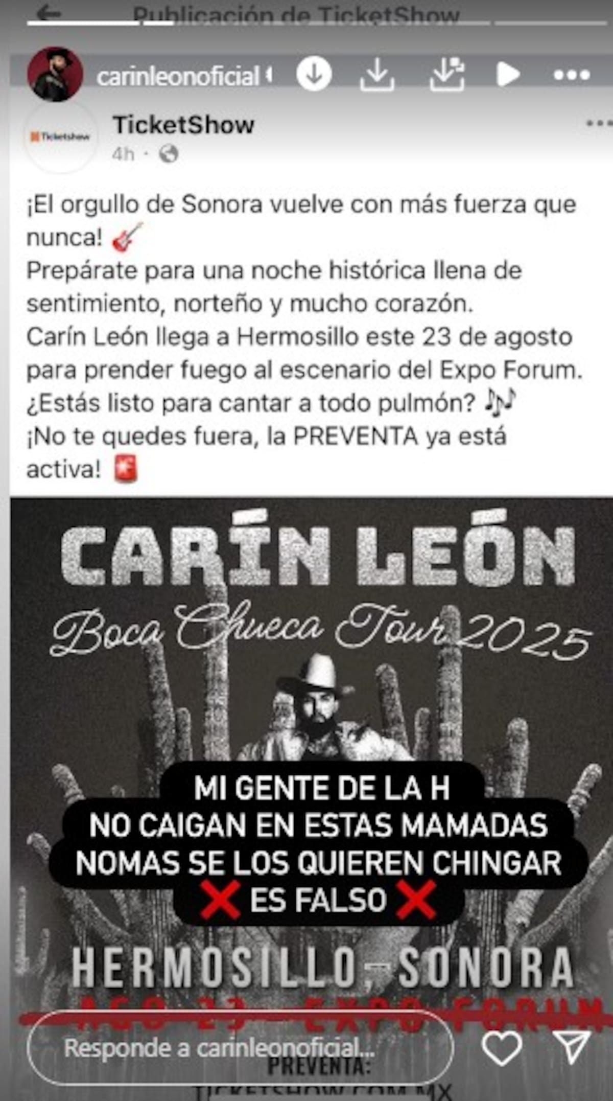 Carín León advierte sobre concierto falso / Instagram @carinleonoficial