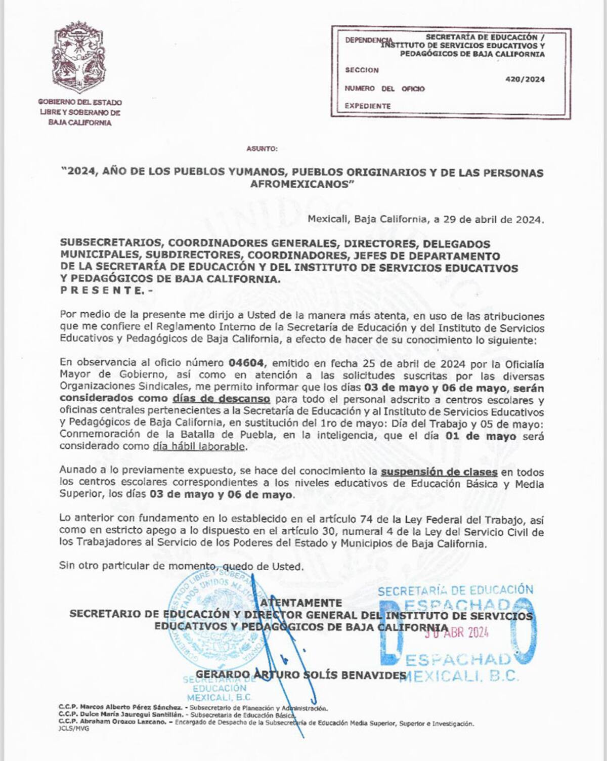 Comunicado de la Secretaría de Educación de Baja California.