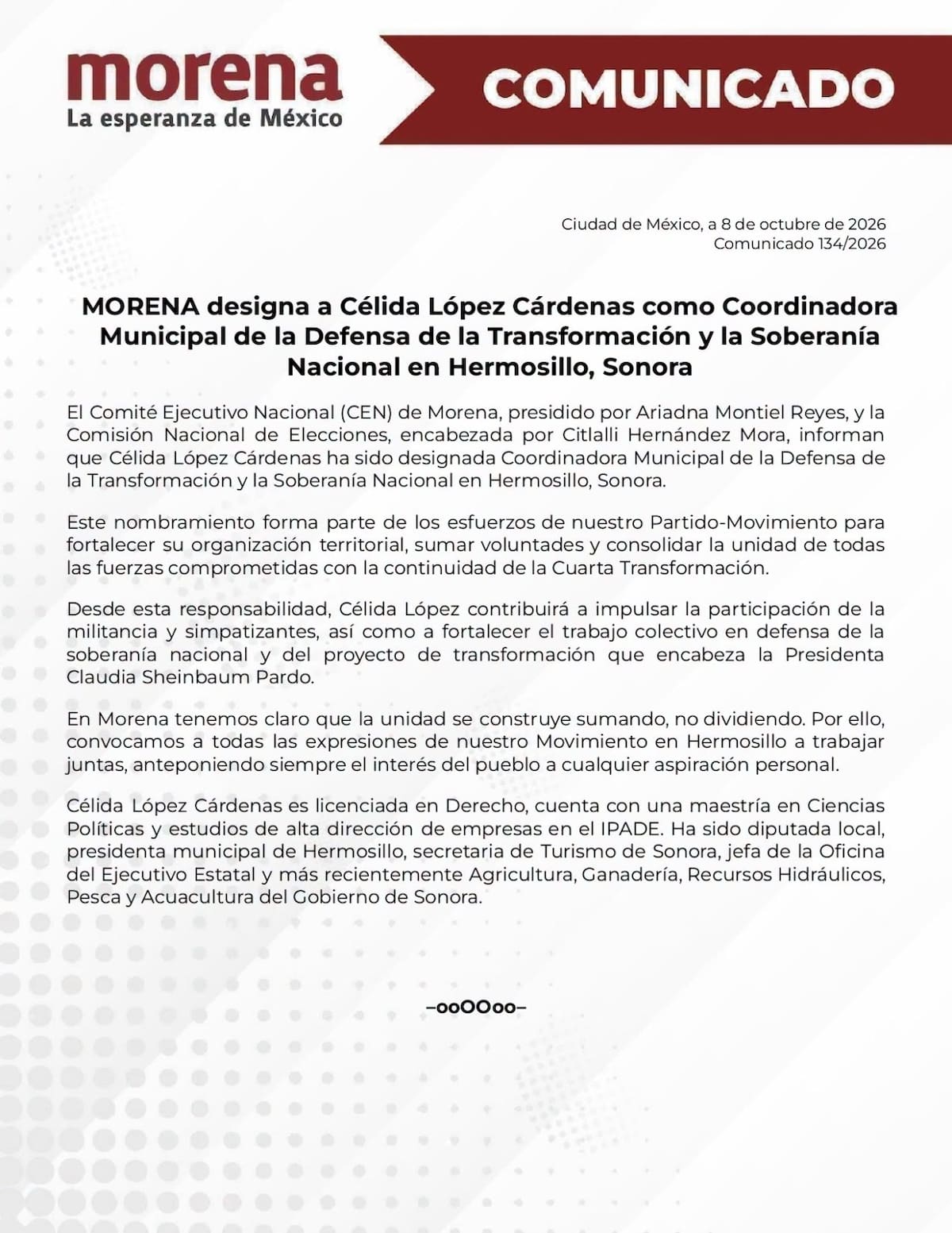 Morena informó por medio de un comunicado la designación de Célida López como la Coordinadora municipal de la Defensa de la Transformación.
