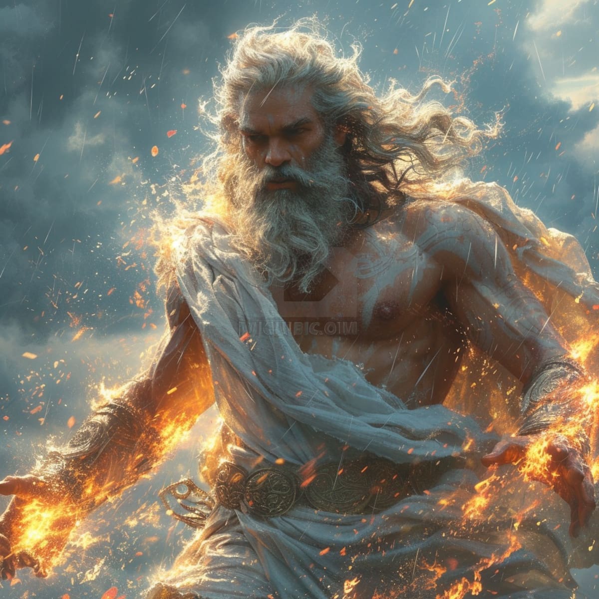 Estilo Griego Clásico: Zeus vestido con túnicas blancas, resaltando su elegancia y remontándose al estilo griego clásico en la mitología.