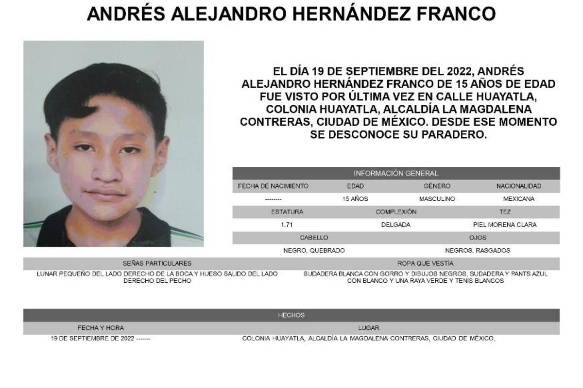 Alerta Amber CDMX: Buscan a Andrés Alejandro, desaparecido en la alcaldía Magdalena Contreras