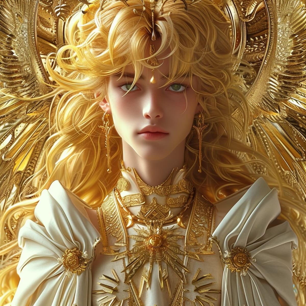 La serenidad de Shaka de Virgo reflejada en sus ojos de color y su larga melena rubia, según la visión de la inteligencia artificial.