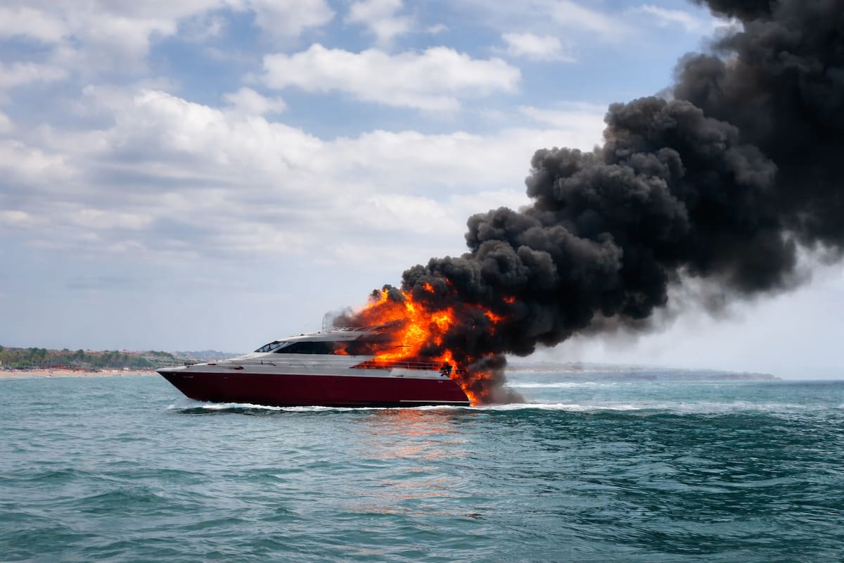 Yate turístico se incendia frente a las costas de Yucatán, Marina rescata a dos tripulantes y la embarcación es pérdida total