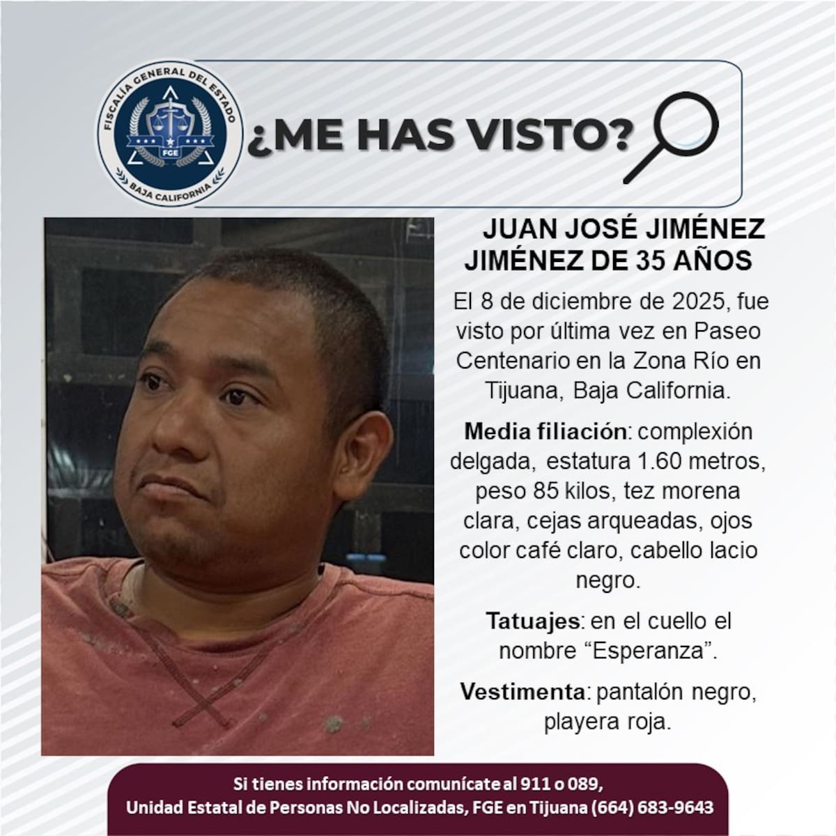 Fue visto por última vez el 8 de diciembre de 2025.