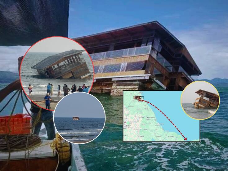 Restaurante “El Atracadero” se desprendió del malecón de Veracruz por las fuertes lluvias y viajó flotando más de 500 km durante 8 días hasta llegar a Coatzacoalcos (Fotos y videos)