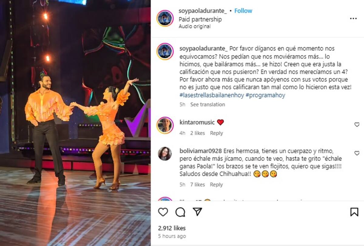 Paola Durante molesta por su calificación /  Instagram: @soypaoladurante_