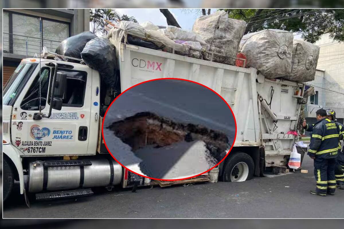Camión de basura cae en socavón; rescate duró tres horas