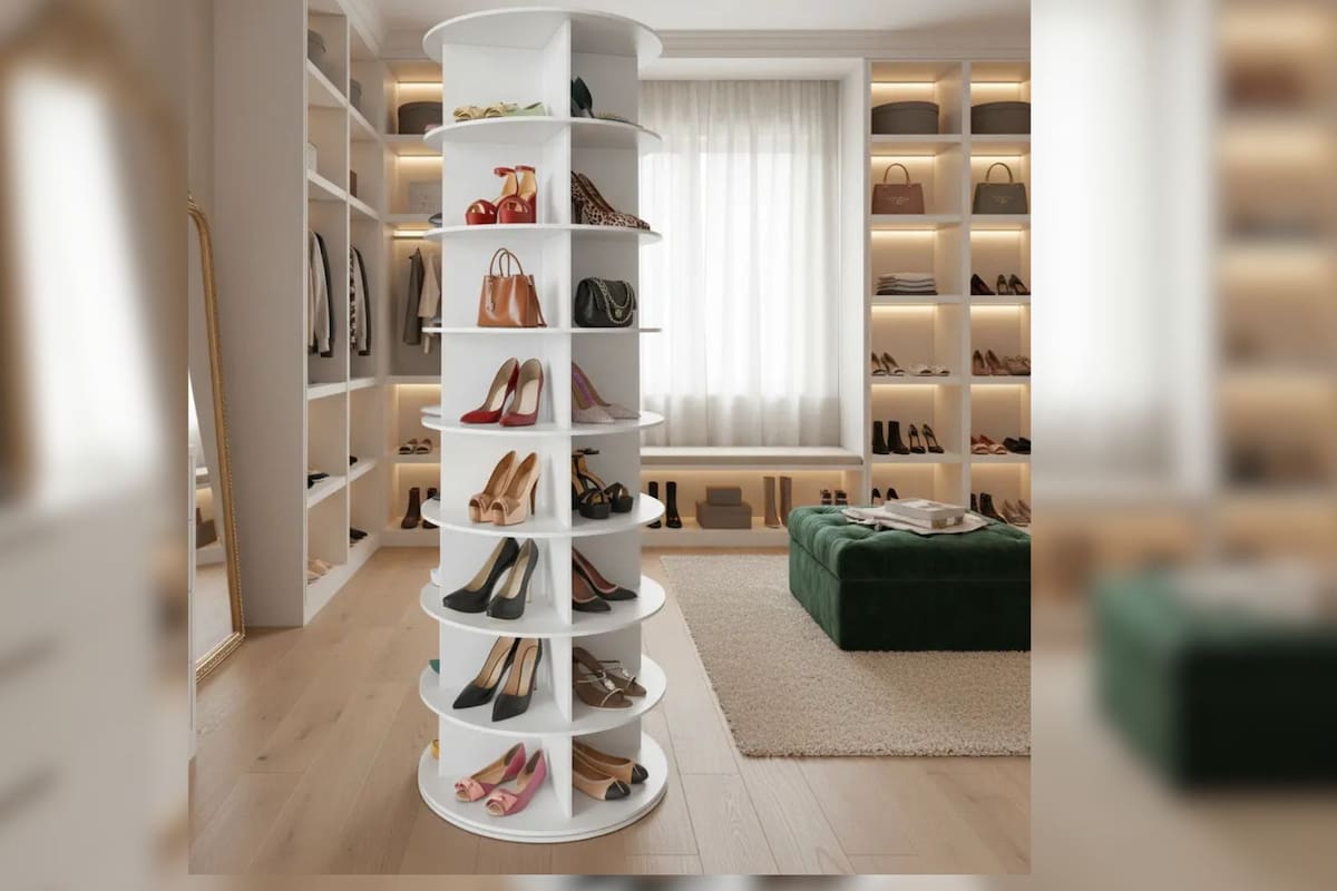 El zapatero giratorio de 360 grados se vende con un 61% de descuento en Mercado Libre, permitiendo a los usuarios almacenar hasta 32 pares de zapatos en una estructura vertical de madera MDF de alta resistencia