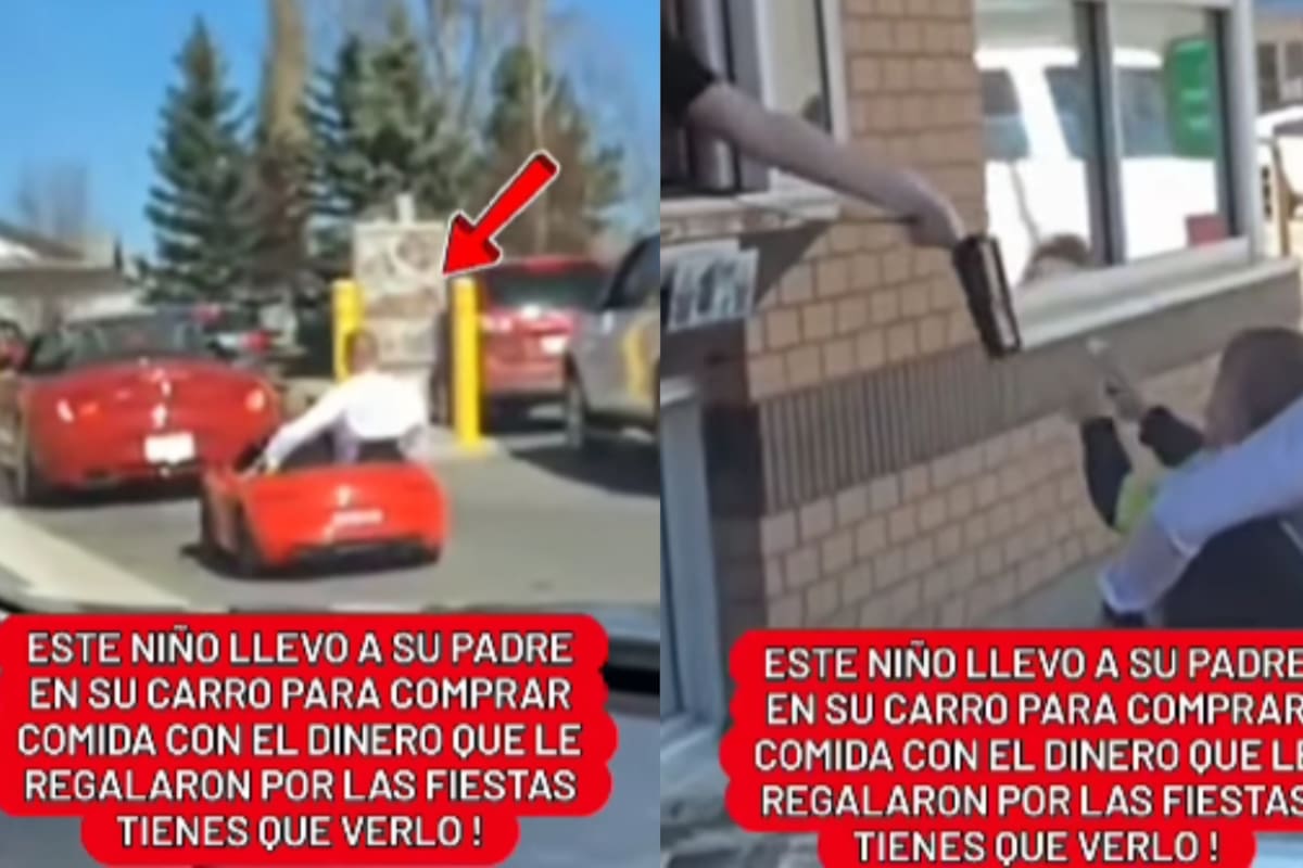 Niño lleva a su padre en un carro de juguete a un restaurante y le invita la comida