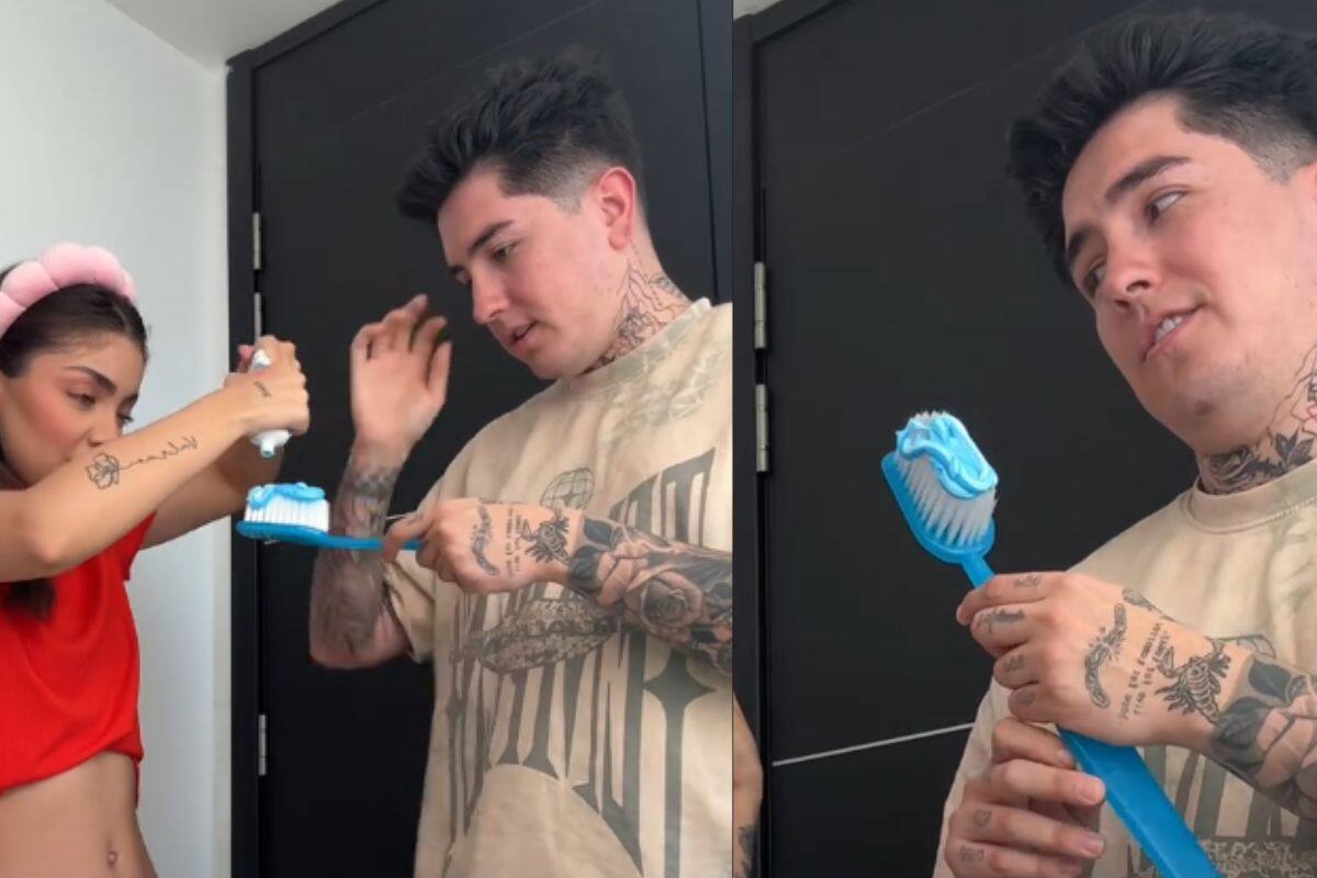 Influencer le juega una broma a su novia; finge lavarse los dientes con un cepillo gigante
